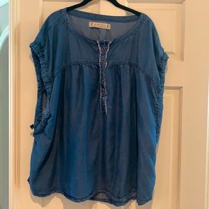 Free People Blue Washed Henley Ruffle Sleeve Top